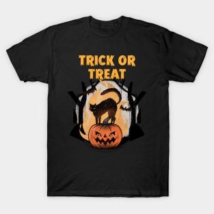 Trick Or Treat Black Cat & Pumpkin Halloween Design T-Shirt